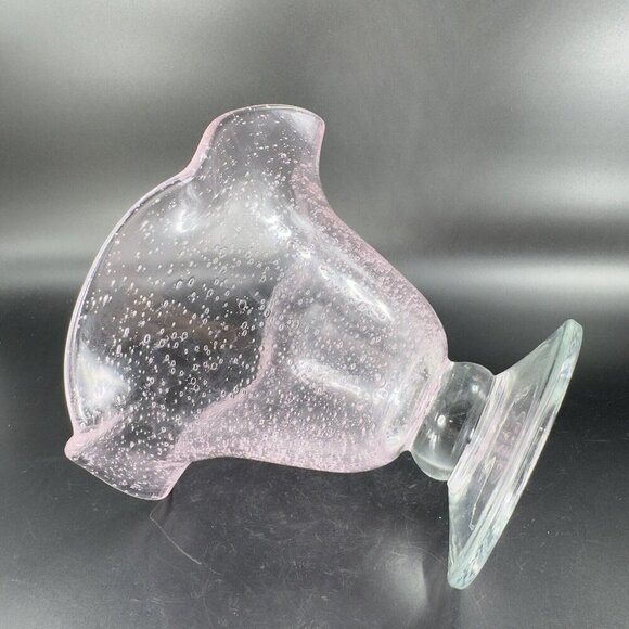 Art Glass Clear Footed Bowl Compote Pink Top With Small Bubbles Glass Decor - Picture 12 of 12